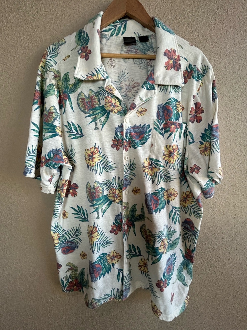 Jurassic Park World Hawaiian Button T-Shirt 90s Movie Dinosaur Tropical